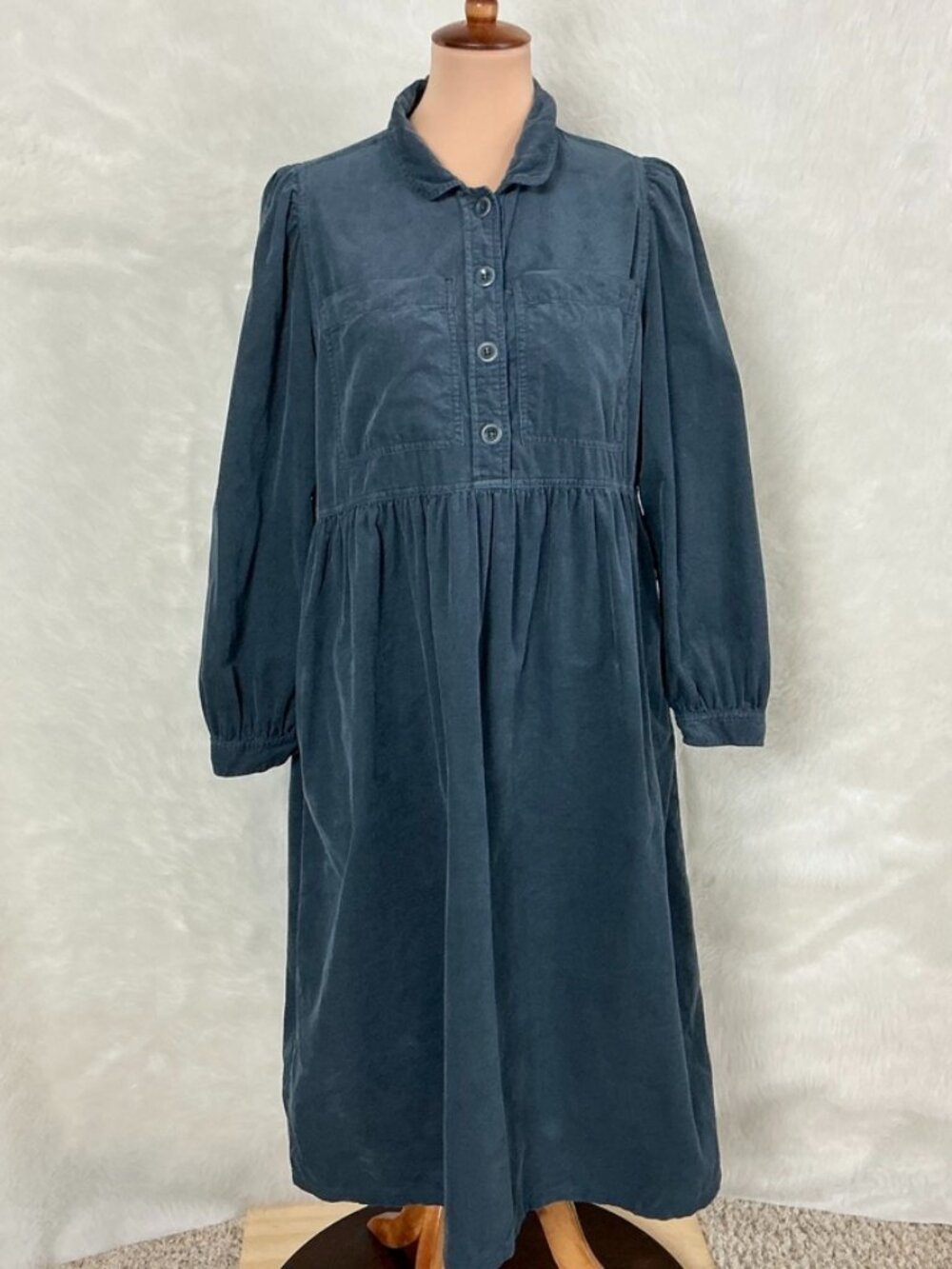 Wrap London Blue Long Sleeve Cotton Corduroy Dress Modest 10